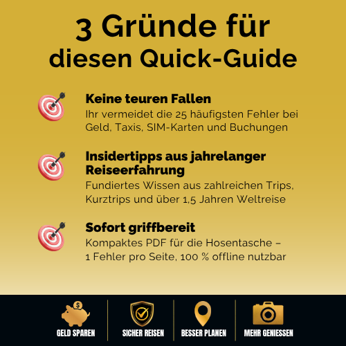 Infografik mit 3 Gründen für den Reise-Quick-Guide von Hadscho Unterwegs: Keine teuren Fallen, Insidertipps aus Reiseerfahrung und sofort griffbereit als PDF.