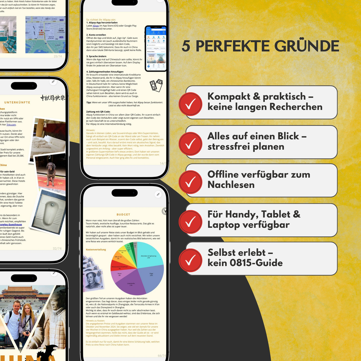 Grafik zum digitalen China Reiseführer E-Book von Hadscho Unterwegs mit mehreren Smartphone-Ansichten verschiedener Seiten des Reiseguides, darunter Alipay, Unterkünfte, Budget und Sehenswürdigkeiten. Rechts stehen fünf Vorteile: kompakt und praktisch ohne lange Recherche, alles auf einen Blick, offline verfügbar, auf Handy, Tablet und Laptop nutzbar sowie selbst erlebt statt 0815-Guide.