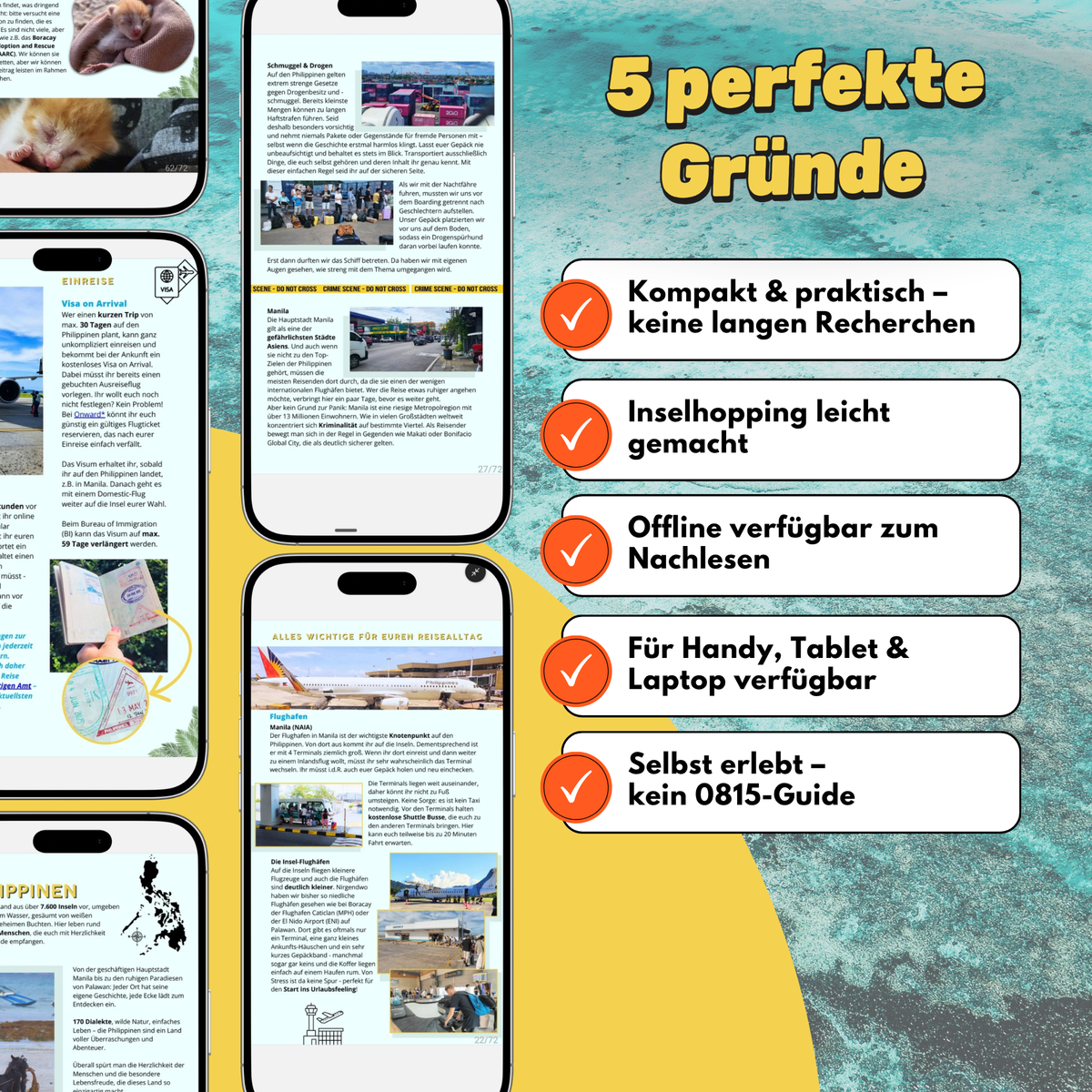 Philippinen Reiseführer E-Book von Hadscho Unterwegs mit fünf Vorteilen: kompakt und praktisch ohne lange Recherche, einfaches Inselhopping, offline verfügbar und auf Handy, Tablet und Laptop nutzbar. Der digitale Reiseguide basiert auf persönlichen Erfahrungen und zeigt Einblicke in Reiseplanung, Einreise und Routen auf den Philippinen.