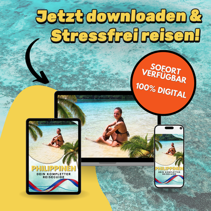 Grafik zum digitalen Philippinen Reiseführer von Hadscho Unterwegs vor türkisfarbenem Meer. Zu sehen sind Tablet, Laptop und Smartphone mit dem Cover des Reiseguides und einer Frau an einem tropischen Strand. Darüber steht „Jetzt downloaden & stressfrei reisen!“, daneben ein orangefarbener Hinweis „Sofort verfügbar, 100 % digital“.