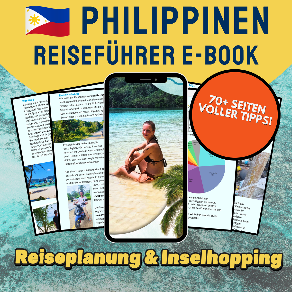 Cover des Philippinen Reiseführer E-Books von Hadscho Unterwegs – digitales Reisebuch mit über 70 Seiten zu Reiseplanung und Inselhopping auf den Philippinen, mit Tipps zu Routen, Unterkünften, Transport und Highlights, dargestellt auf einem Smartphone mit Strandfotos im Hintergrund