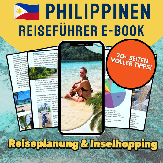 Cover des Philippinen Reiseführer E-Books von Hadscho Unterwegs – digitales Reisebuch mit über 70 Seiten zu Reiseplanung und Inselhopping auf den Philippinen, mit Tipps zu Routen, Unterkünften, Transport und Highlights, dargestellt auf einem Smartphone mit Strandfotos im Hintergrund