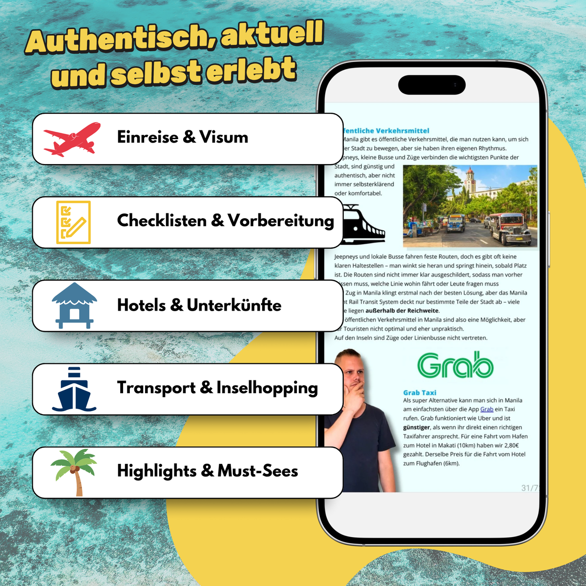 Philippinen Reiseführer von Hadscho Unterwegs mit Einreise und Visum, Checklisten zur Reisevorbereitung, Hotels und Unterkünften, Transport und Inselhopping sowie Highlights und Must-Sees. Die Grafik zeigt einen Einblick in den digitalen Reiseguide auf einem Smartphone vor türkisfarbenem Meer.