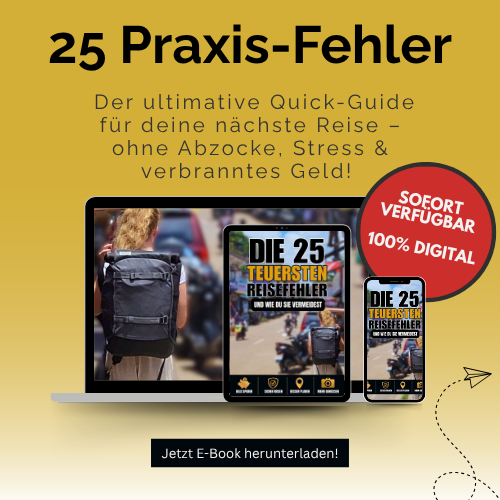 Produktbild zum E-Book von Hadscho Unterwegs „Die 25 teuersten Reisefehler – und wie du sie vermeidest“ dargestellt auf Laptop, Tablet und Smartphone für Quick Guide Reise