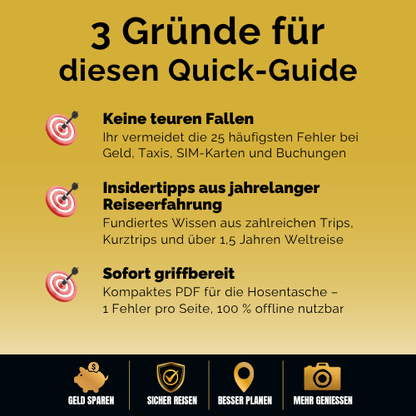 Infografik mit 3 Gründen für den Reise-Quick-Guide von Hadscho Unterwegs: Keine teuren Fallen, Insidertipps aus Reiseerfahrung und sofort griffbereit als PDF.