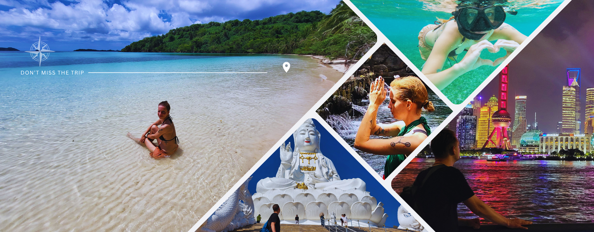 Reisecollage von Olli und Julia von Hadscho Unterwegs: Strand auf den Philippinen, Schnorcheln in Indonesien, Shanghai Skyline bei Nacht, Guanyin Statue am Wat Huay Pla Kang in Chiang Rai Thailand, Ritual am Pura Tirta Empul Tempel in Bali Indonesien