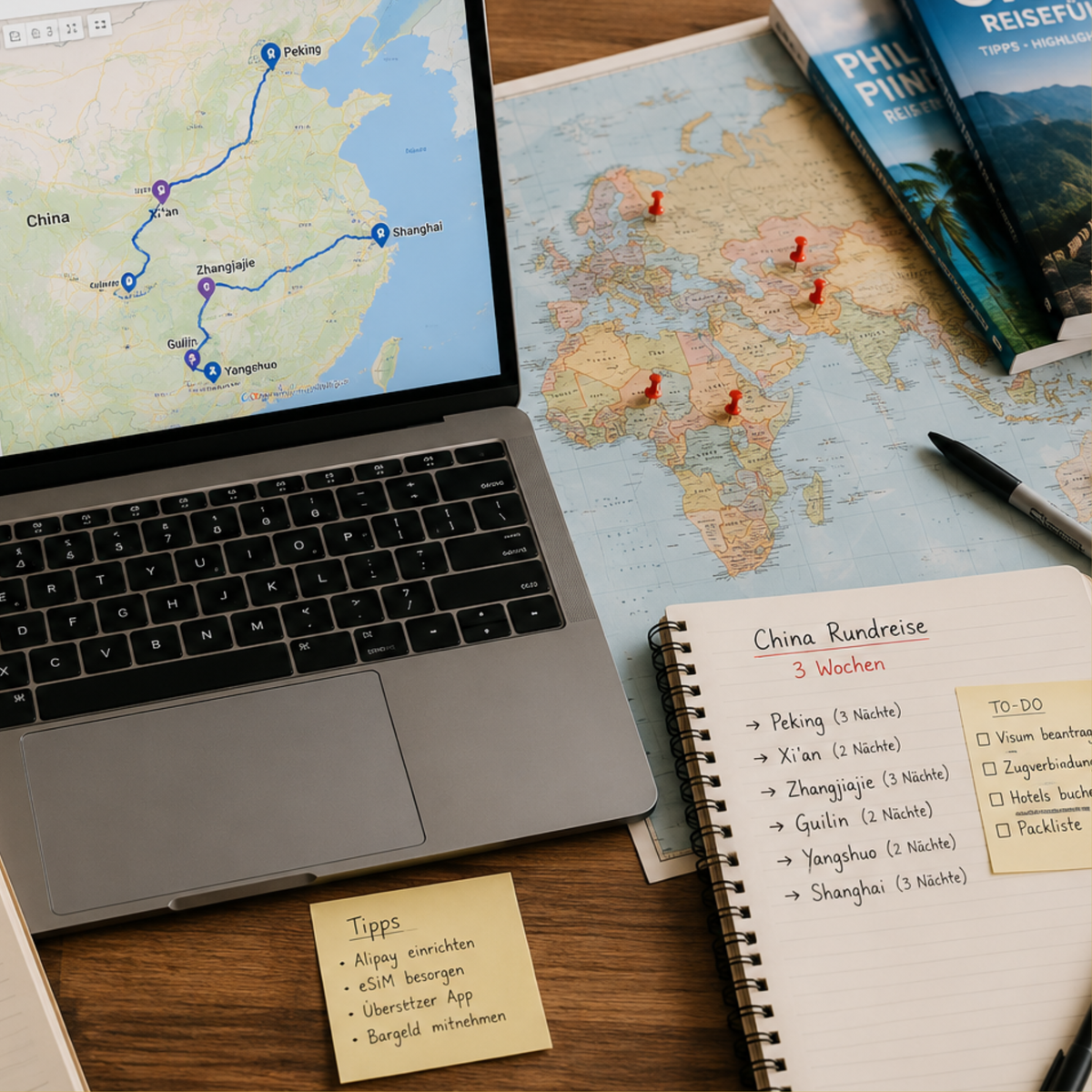 Reiseplanung für eine China Rundreise mit Laptop, Weltkarte und Notizbuch – Route durch Peking, Xi'an, Zhangjiajie, Guilin, Yangshuo und Shanghai mit Tipps zu Alipay, VPN und Visum